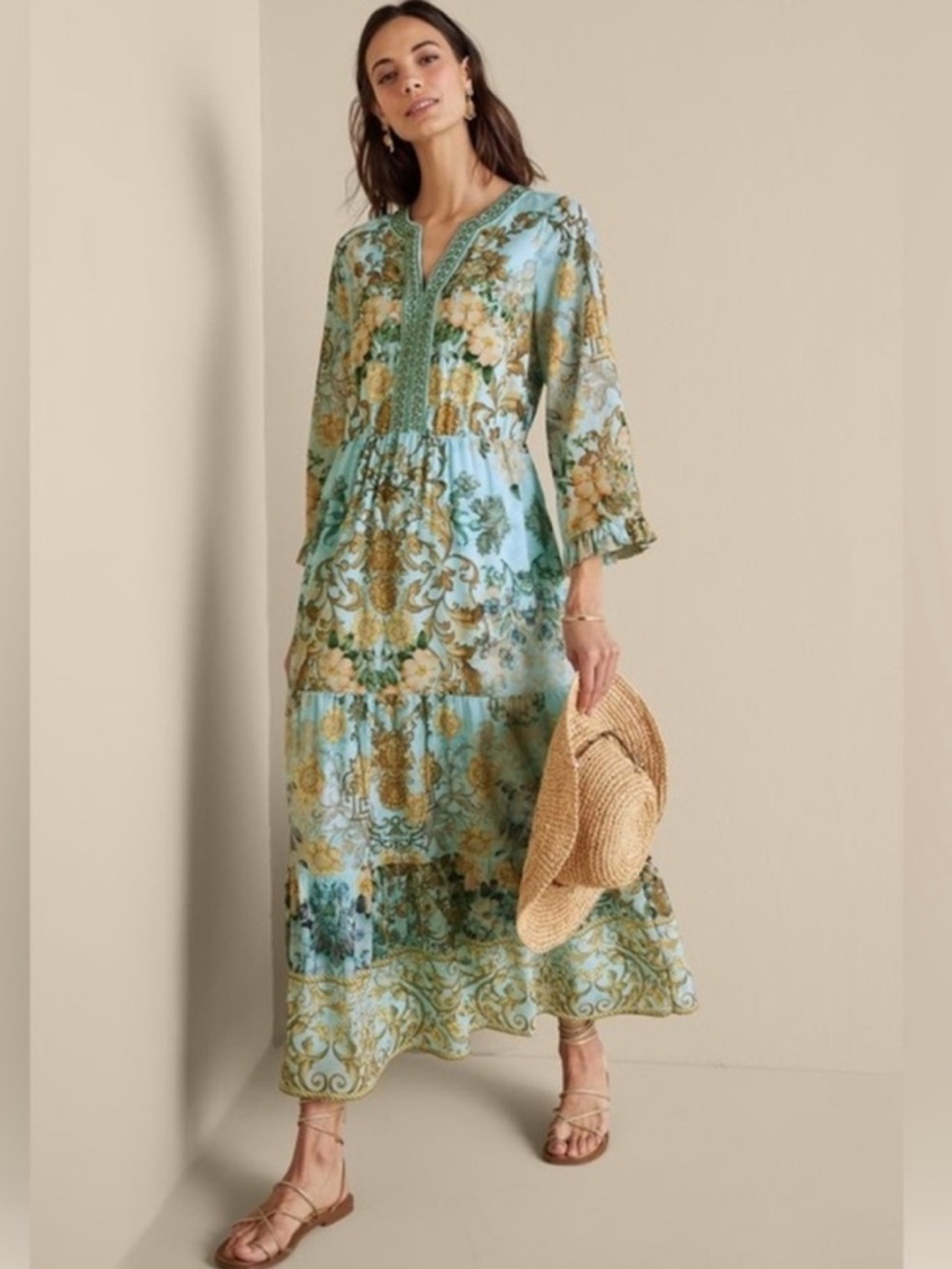Soft Surroundings Baroque Maxi Dress Sz PM Multi Floral Beaded V-neck Resortwear